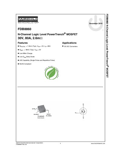 Fairchild FDB8860 N-Channel MOSFET Datasheet - cover page