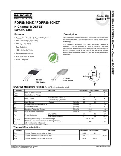 Fairchild FDP8N50NZ/FDPF8N50NZT N-Channel MOSFET Datasheet