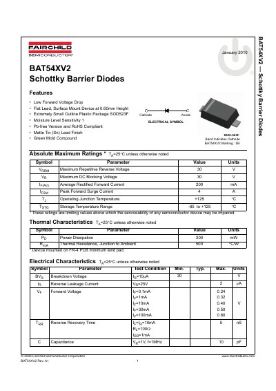 Fairchild Semiconductor BAT54XV2 Schottky Barrier Diode Datasheet