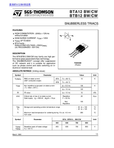 SGS-THOMSON BTA12/BTB12 BW/CW Snubberless Triac Datasheet