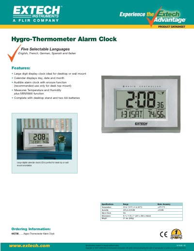 EXTECH 445706 Hygro-Thermometer Alarm Clock Product Datasheet - cover page