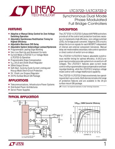 Linear Technology LTC3722-1/LTC3722-2 Phase Shift PWM Controller Datasheet - cover page