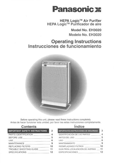 Panasonic EH-3020 HEPA Logic Air Purifier Operating Instructions - cover page