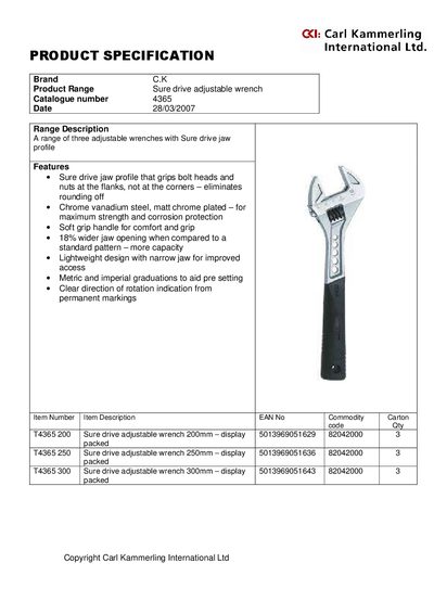 Carl Kammerling Sure Drive Adjustable Wrench Product Specification - cover page