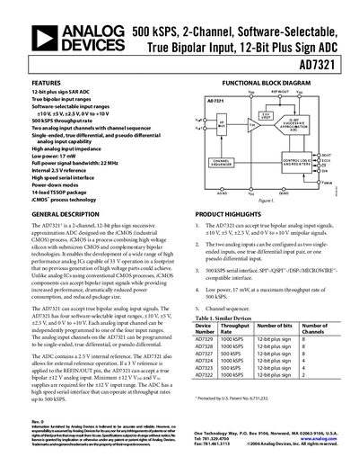 Analog Devices AD7321 12‑bit Plus Sign ADC Datasheet - cover page