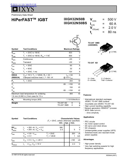 IXYS IXGH32N50B/IXGH32N50BS Preliminary Data Sheet - cover page