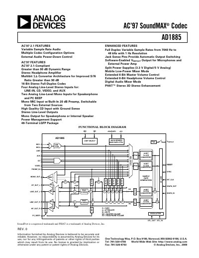 Analog Devices AD1885 AC’97 SoundMAX® Codec Datasheet - cover page