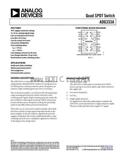 Analog Devices ADG333A Quad SPDT Switch Datasheet - cover page