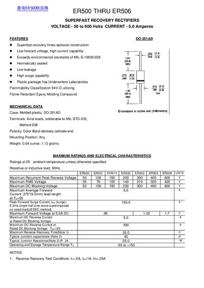 ER500 THRU ER506 SUPERFAST RECOVERY RECTIFIERS VOLTAGE - 50 to 600 Volts CURRENT - 5.0 Amperes - cover page