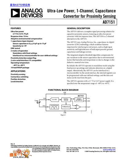 ANALOG DEVICES AD7151 Ultra-Low Power 1-Channel Capacitance Converter for Proximity Sensing handbook