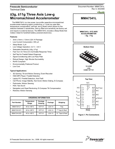 Freescale MMA7341L Three-Axis Low‑g Accelerometer Datasheet - cover page