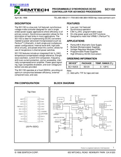 Semtech SC1152 Programmable Synchronous DC/DC Controller Datasheet - cover page