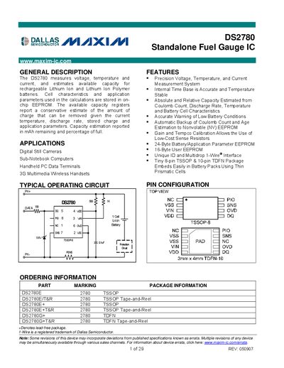 Maxim DS2780 Standalone Fuel Gauge IC Datasheet - cover page