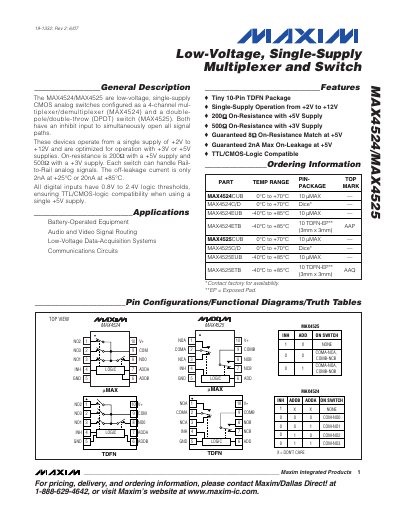 Maxim Integrated MAX4524/MAX4525 Low-Voltage Single-Supply Multiplexer and Switch Datasheet - cover page