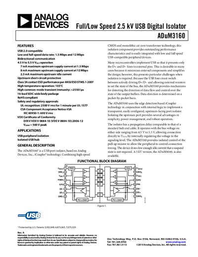 Analog Devices ADuM3160 USB Digital Isolator Datasheet - cover page