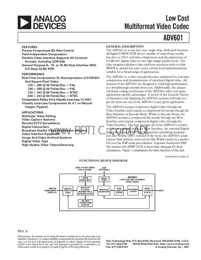 Analog Devices ADV601 Video Codec Datasheet - cover page