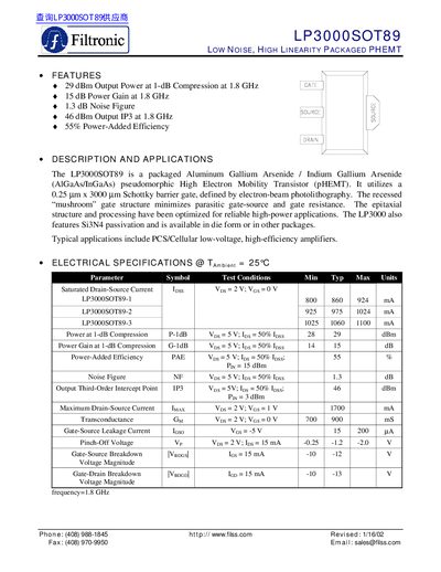 Filtronic LP3000SOT89 Low Noise High Linearity Packaged PHEMT Datasheet - cover page