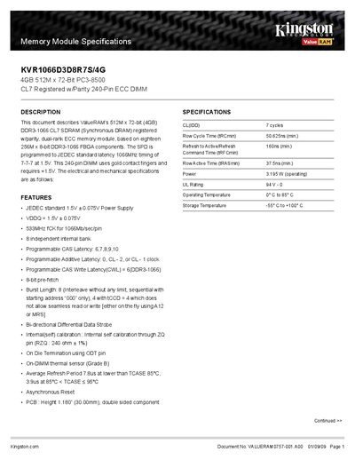 Kingston KVR1066D3D8R7S/4G Memory Module Specifications - cover page