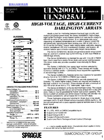 SPRAGUE ULN2001A/L ULN2025A/L HIGH-VOLTAGE HIGH-CURRENT DARLINGTON ARRAYS - cover page