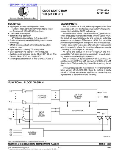 IDT IDT6116SA/IDT6116LA CMOS Static RAM Datasheet - cover page