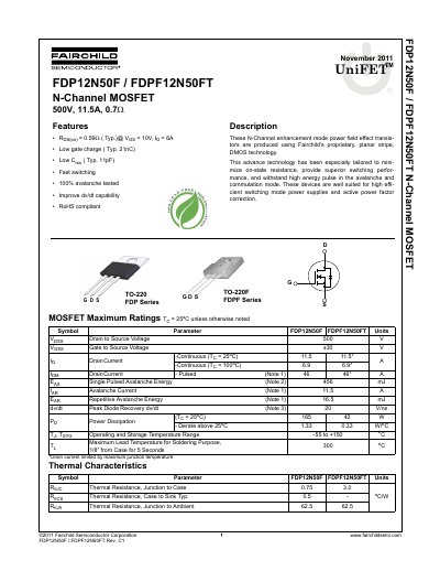 FAIRCHILD FDP12N50FT/FDPF12N50FT N-Channel MOSFET handbook - cover page