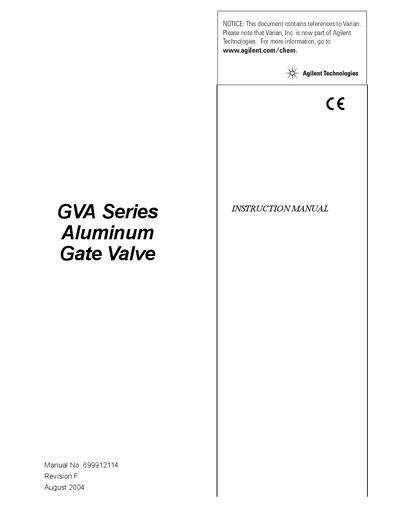 Agilent GVA Series Aluminum Gate Valve Instruction Manual - cover page