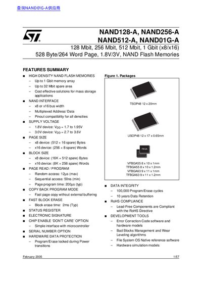 ST NAND128-A NAND256-A NAND512-A NAND01G-A 128 Mbit 256 Mbit 512 Mbit 1 Gbit (x8/x16) 528 Byte/264 Word Page 1.8V/3V NAND Flash Memorieshandbook - cover page