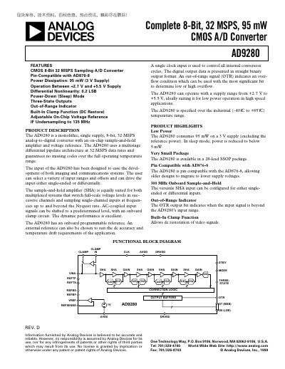 ANALOG DEVICES Complete 8-Bit 32 MSPS 95 mW CMOS A/D Converter AD9280 handbook - cover page