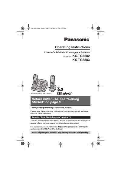 Panasonic KX-TG6582/KX-TG6583 Link-to-Cell Cellular Convergence Solution Operating Instructions - cover page