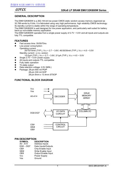 Eorex EM6132K800W 32Kx8 Low Power SRAM Datasheet - cover page