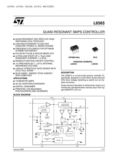 STMicroelectronics L6565 Quasi-Resonant SMPS Controller Datasheet - cover page