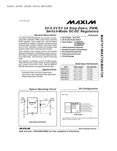 Maxim MAX727/MAX728/MAX729 Step-Down DC-DC Regulator Datasheet - cover page