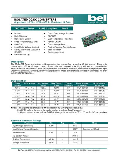 bel 0RCY-85T Series RoHS Compliant Rev.B ISOLATED DC/DC CONVERTERS 48 Vdc Input 1.2 Vdc - 12 Vdc 8.33 A - 30 A Output 1/8 Brick  - cover page