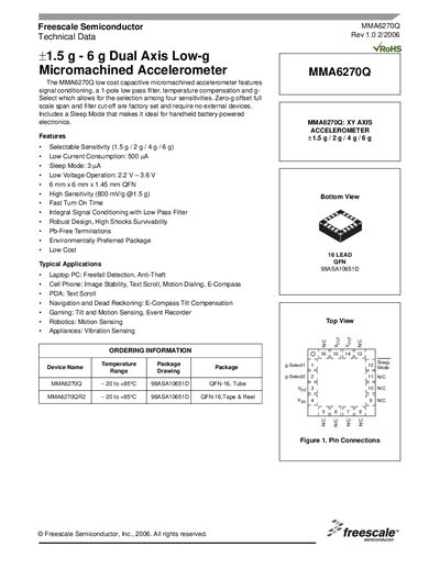 Freescale MMA6270Q Dual Axis Low‑g Accelerometer Datasheet - cover page