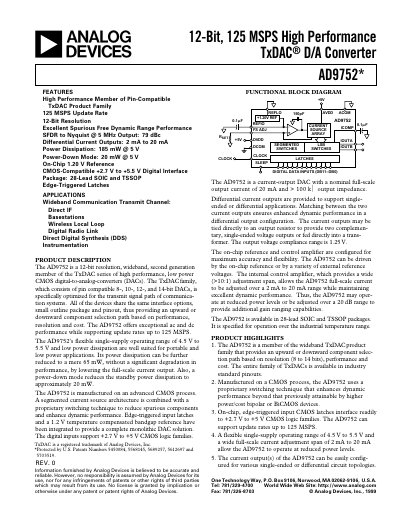 Analog Devices AD9752 12‑Bit 125 MSPS TxDAC® D/A Converter Datasheet - cover page