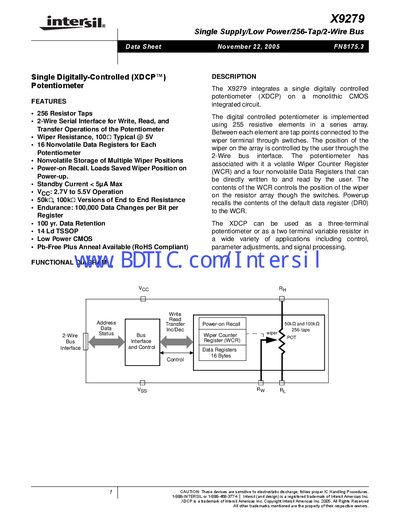 Intersil X9279 Digital Potentiometer Datasheet - cover page