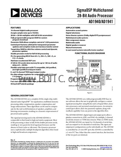 Analog Devices AD1940/AD1941 Audio Processor Handbook - cover page