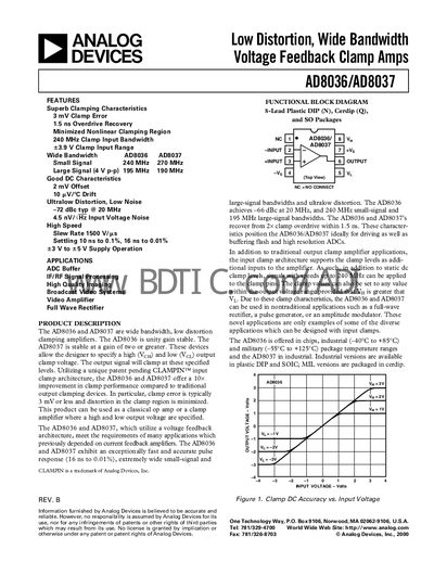 Analog Devices AD8036/AD8037 Clamp Amplifier Datasheet - cover page