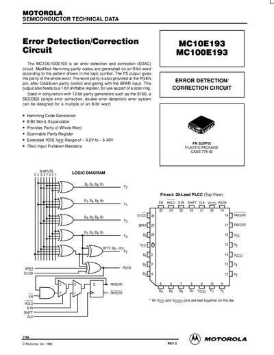 Motorola MC10E193/MC100E193 Error Detection/Correction Circuit Datasheet