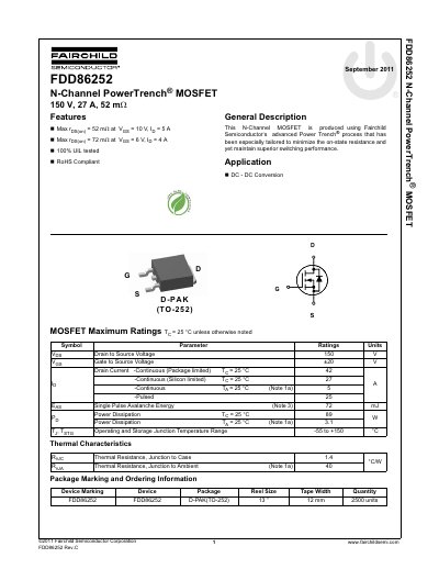 Fairchild Semiconductor FDD86252 N-Channel PowerTrench MOSFET Datasheet - cover page