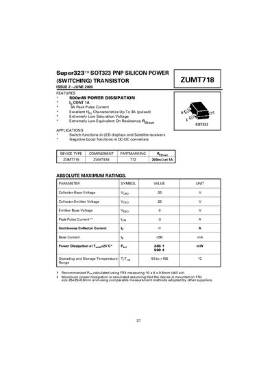 Diodes Inc. ZUMT718 Super323 SOT323 PNP Power Transistor Datasheet - cover page