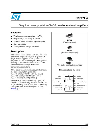 STMicroelectronics TS27L4 Quad Operational Amplifier Datasheet