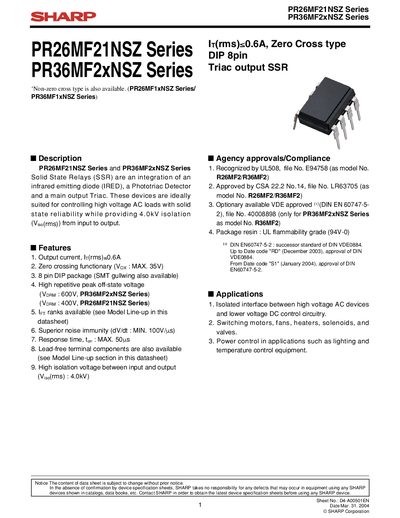 Sharp PR26MF21NSZ Series & PR36MF2xNSZ Series Datasheet - cover page