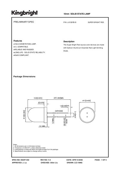 Kingbright L-813SRD-B Super Bright Red 10mm Solid State Lamp Datasheet - cover page