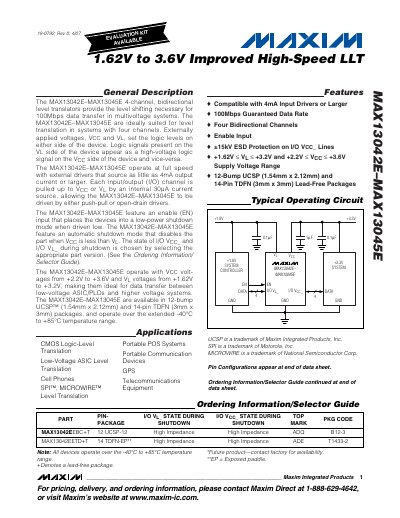 Maxim MAX13042E-MAX13045E 4‑Channel Bidirectional Level Translator Datasheet - cover page