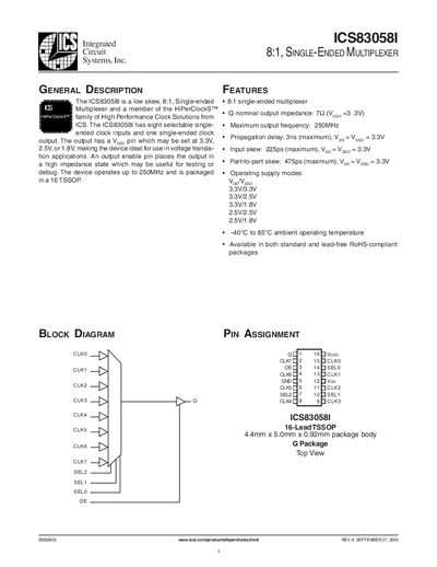 ICS ICS83058I 8:1 Single-Ended Multiplexer Datasheet - cover page