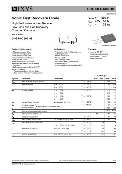IXYS DHG 60 C 600 HB Fast Recovery Diode Datasheet - cover page