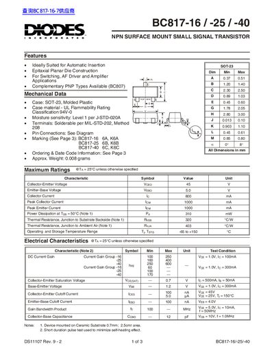 Diodes Incorporated BC817-16/-25/-40 NPN Surface Mount Small Signal Transistor Datasheet - cover page