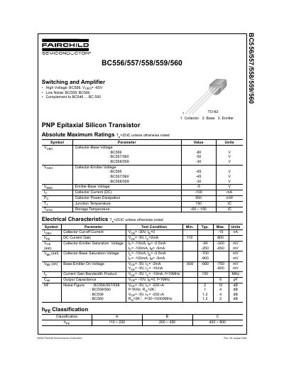 Fairchild Semiconductor BC556/557/558/559/560 PNP Epitaxial Silicon Transistor Datasheet - cover page