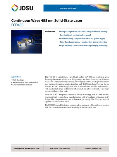 JDSU FCD488 Continuous Wave 488 nm Solid-State Laser Datasheet